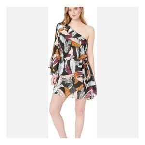 Maaji One Shoulder Mini Dress Tropical Feather Print Bell Sleeve Black S